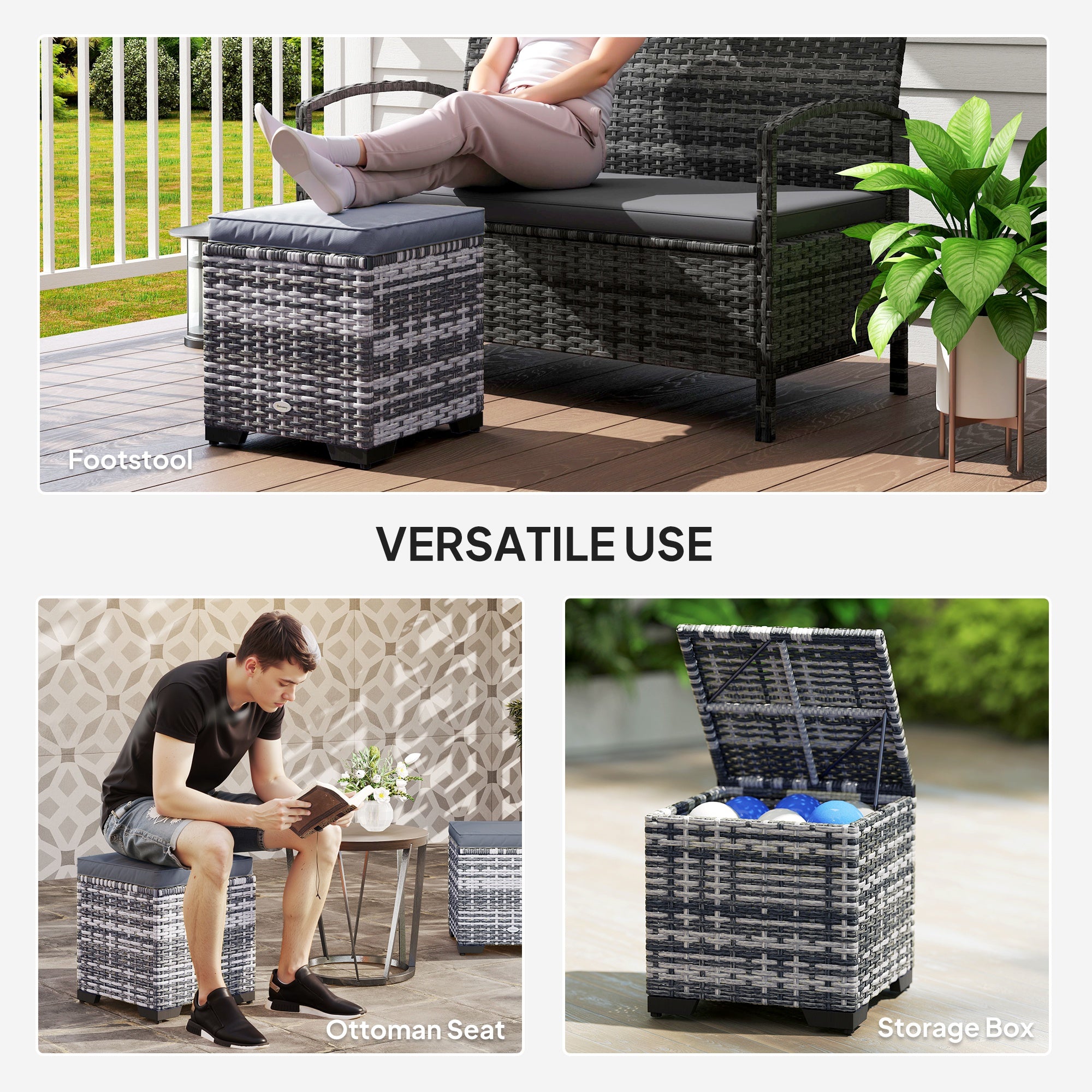 Poly Rattan Storage Ottoman in Set of 2 Outdoor Footstool - Velmora