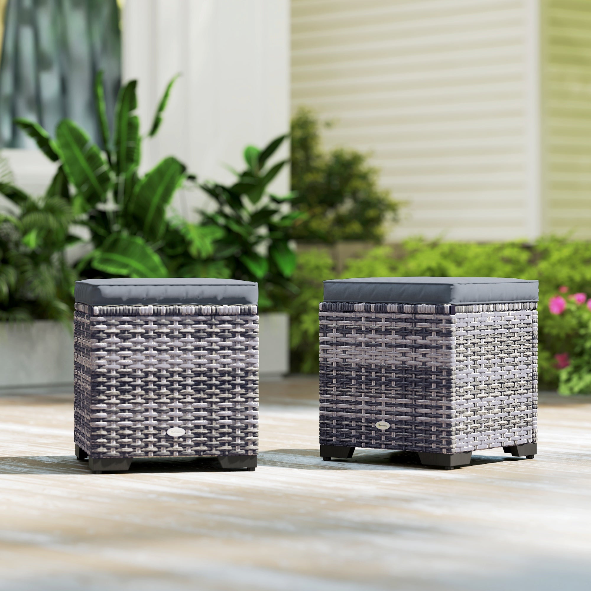 Poly Rattan Storage Ottoman in Set of 2 Outdoor Footstool - Velmora
