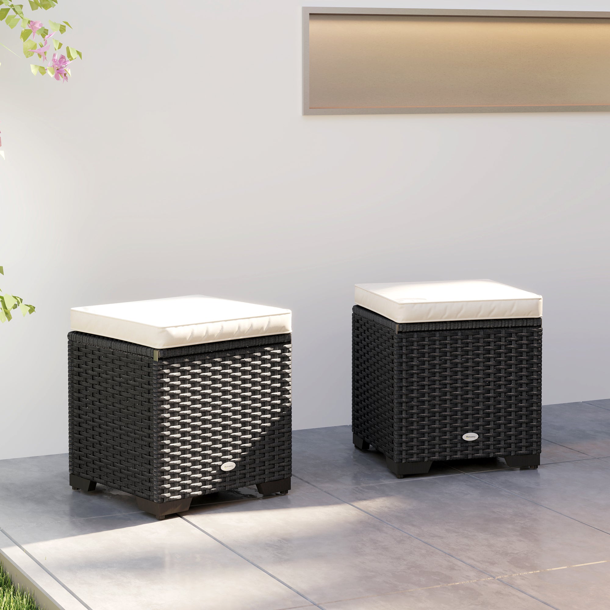 Poly Rattan Storage Ottoman in Set of 2 Outdoor Footstool - Velmora