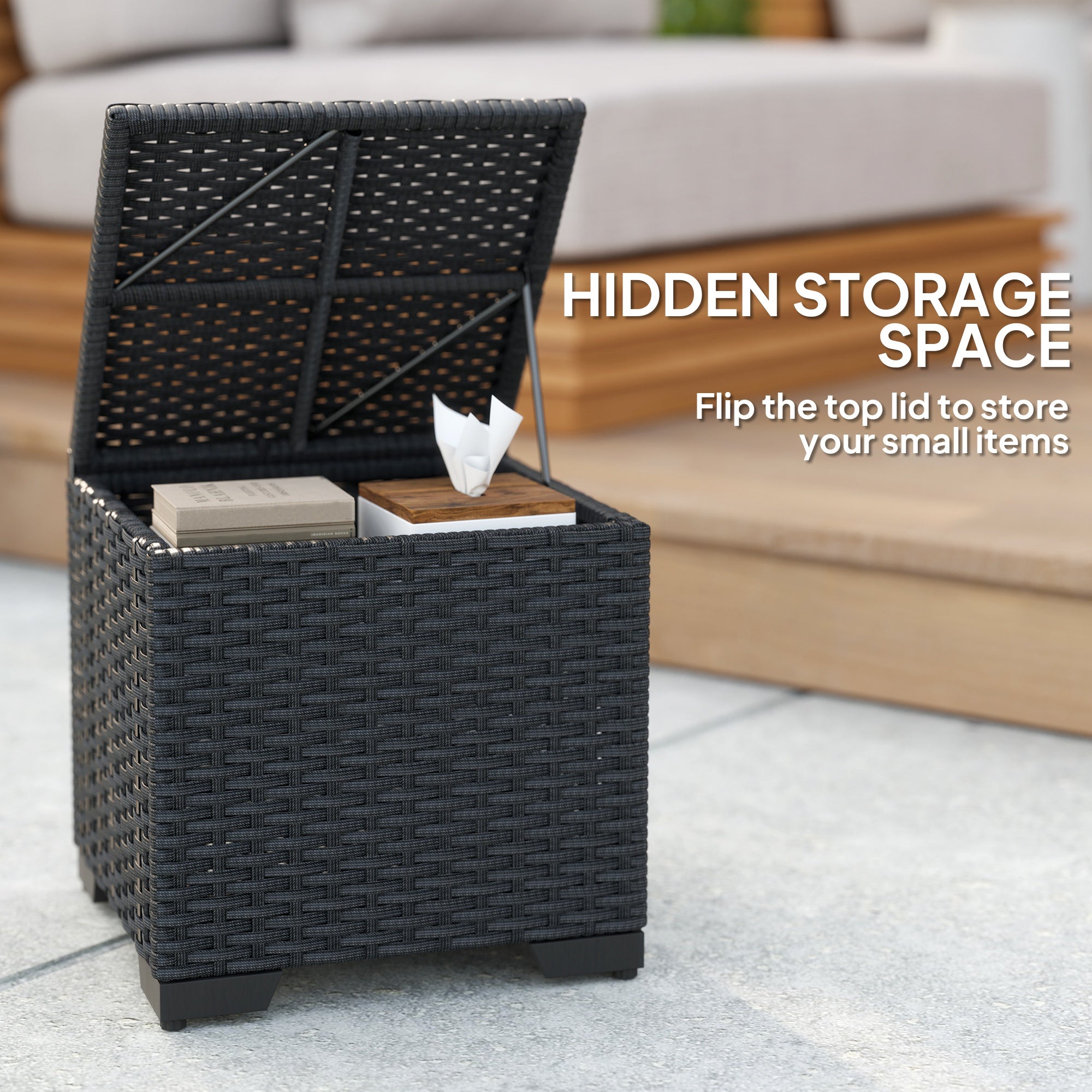 Poly Rattan Storage Ottoman in Set of 2 Outdoor Footstool - Velmora