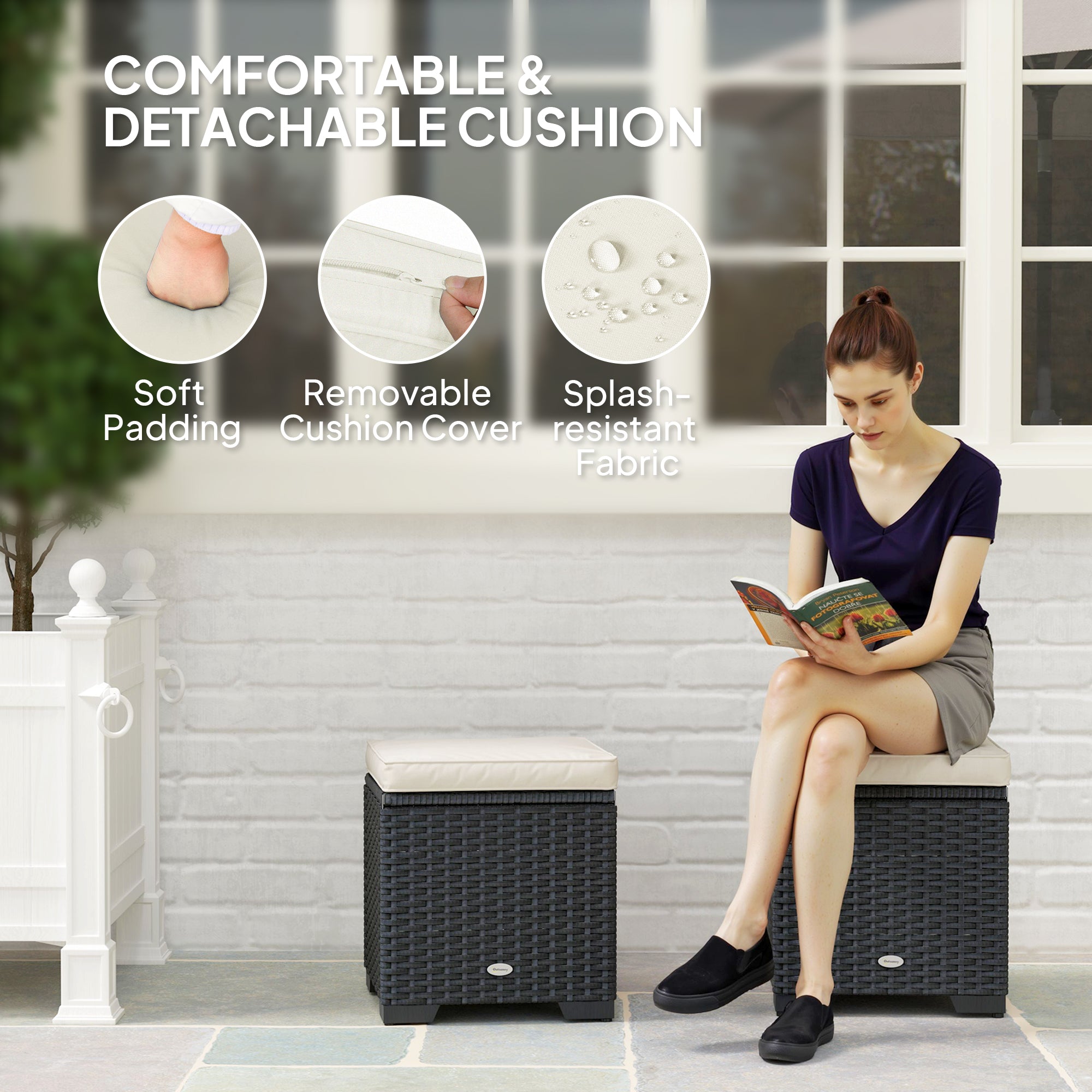 Poly Rattan Storage Ottoman in Set of 2 Outdoor Footstool - Velmora