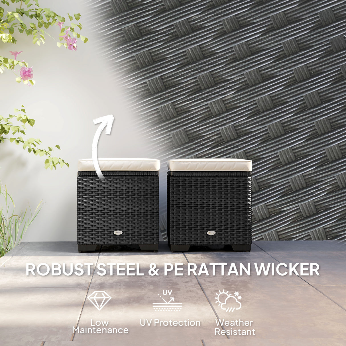 Poly Rattan Storage Ottoman in Set of 2 Outdoor Footstool - Velmora