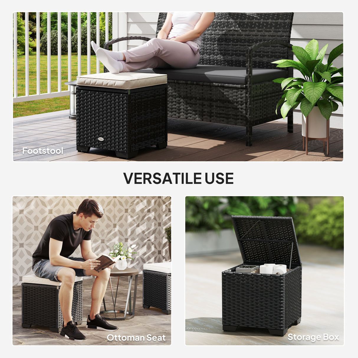 Poly Rattan Storage Ottoman in Set of 2 Outdoor Footstool - Velmora