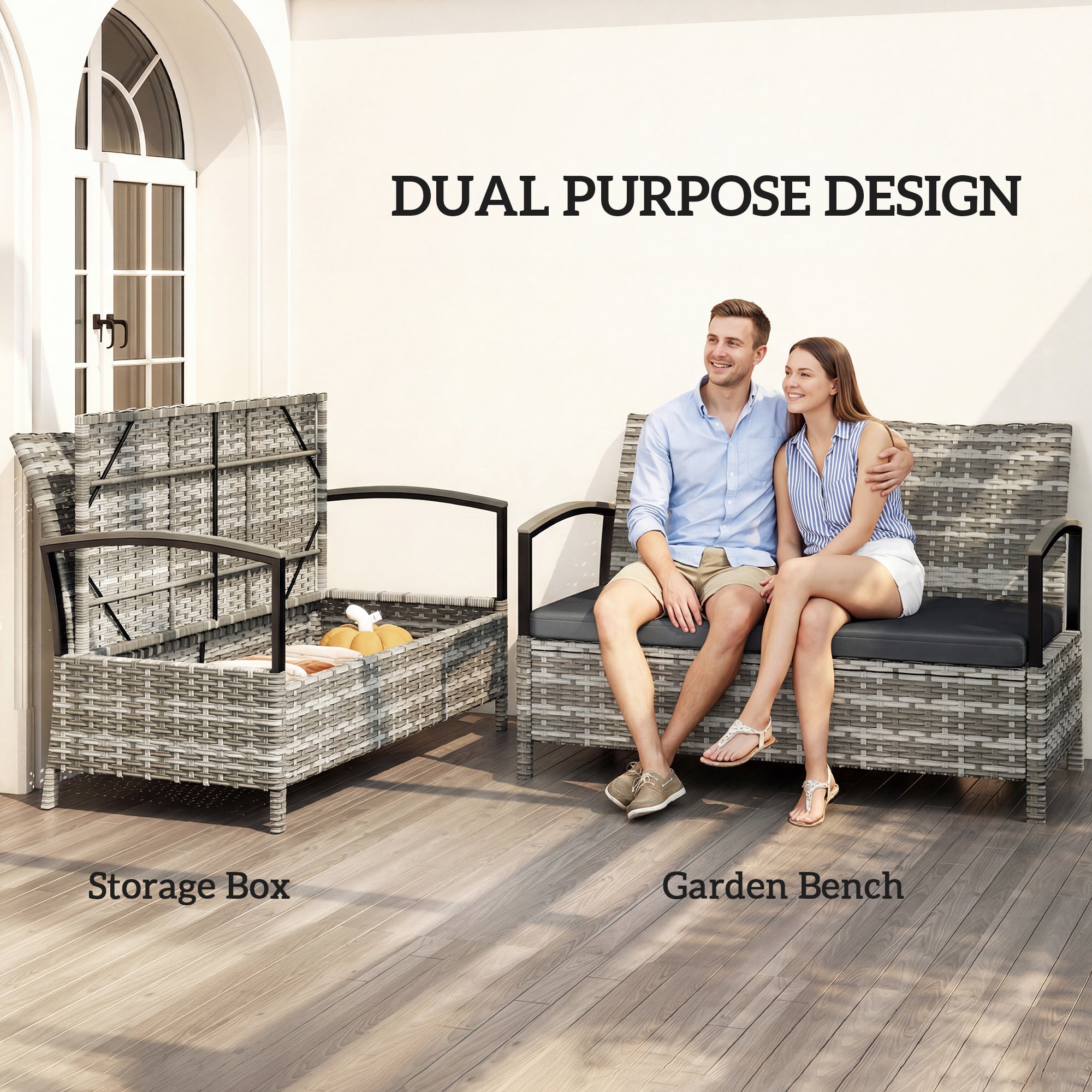 Poly Rattan 125L Storage 2 Seater Garden Bench - Velmora