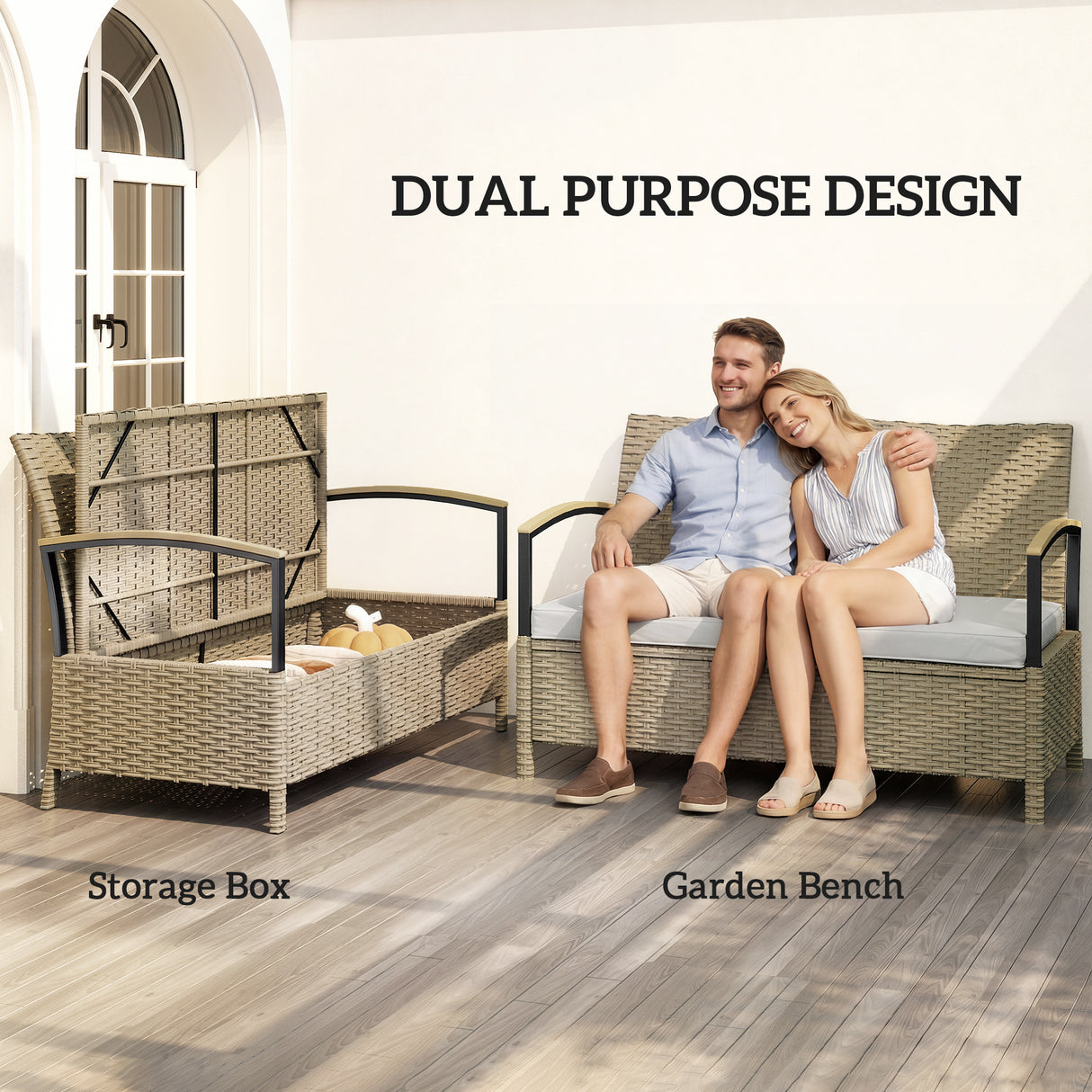 Poly Rattan 125L Storage 2 Seater Garden Bench - Velmora