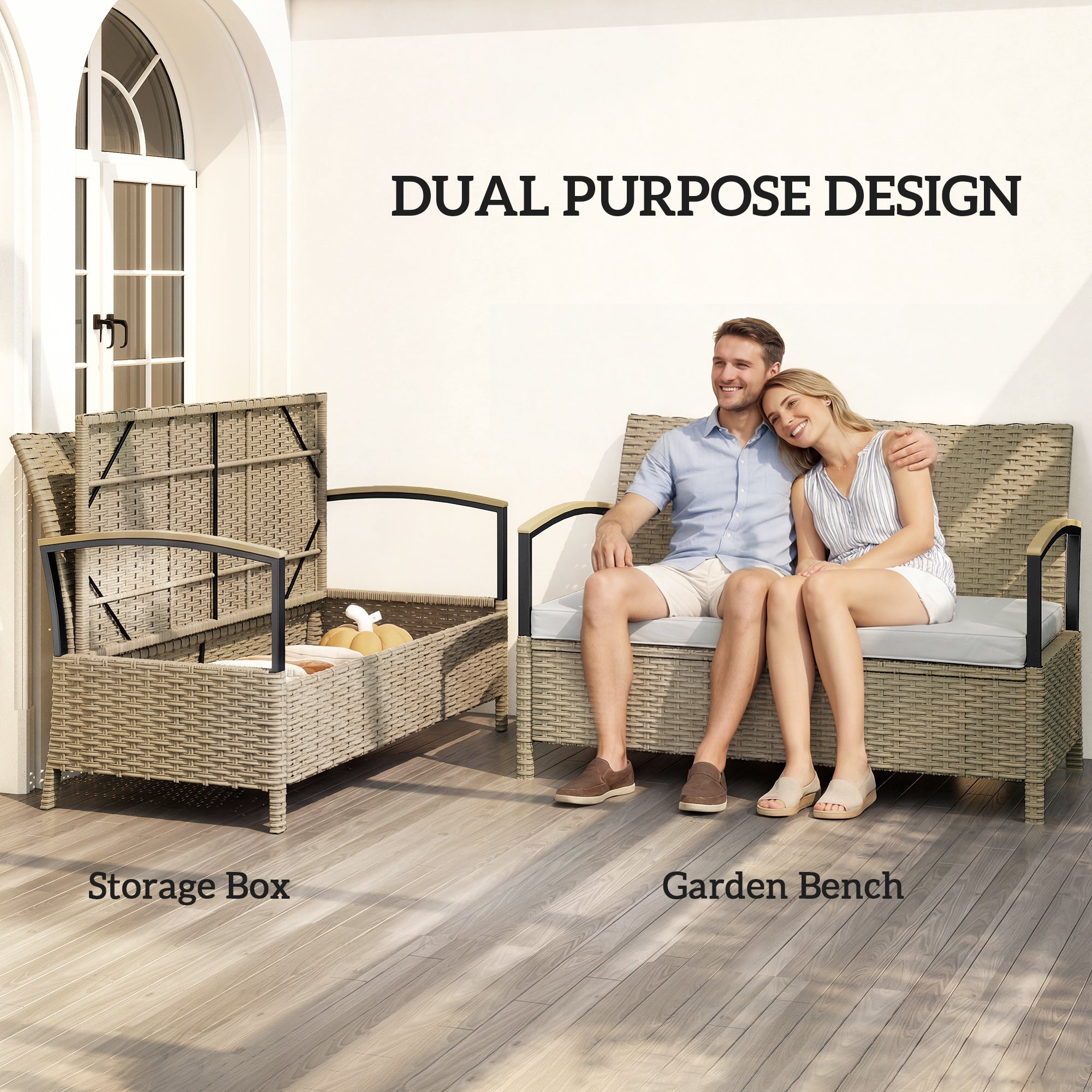 Poly Rattan 125L Storage 2 Seater Garden Bench - Velmora