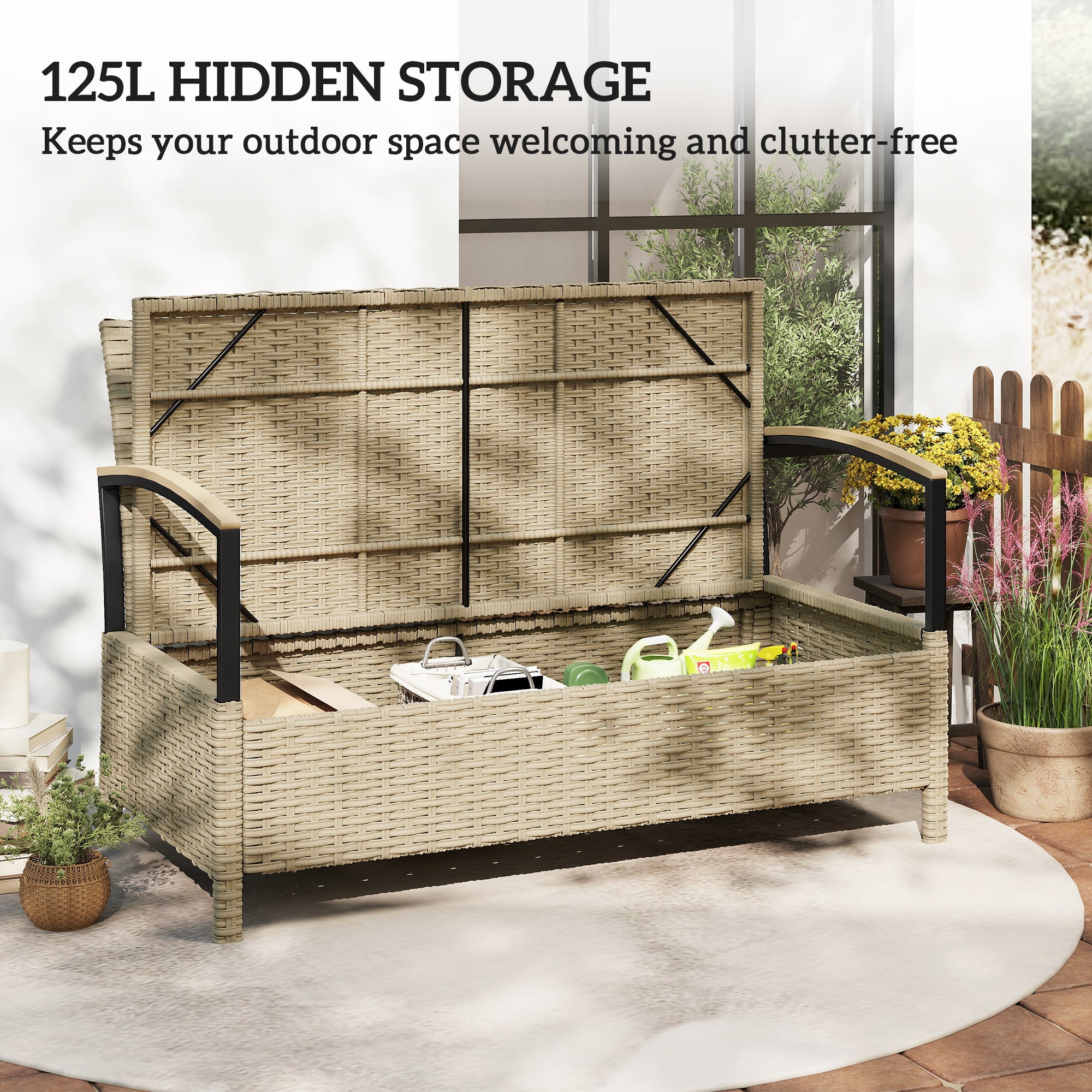 Poly Rattan 125L Storage 2 Seater Garden Bench - Velmora