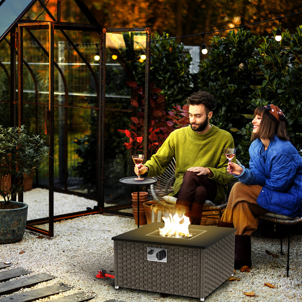 Poly Rattan 13 KW Smokeless Propane Gas Square Garden Fire Pit With Lid - Velmora