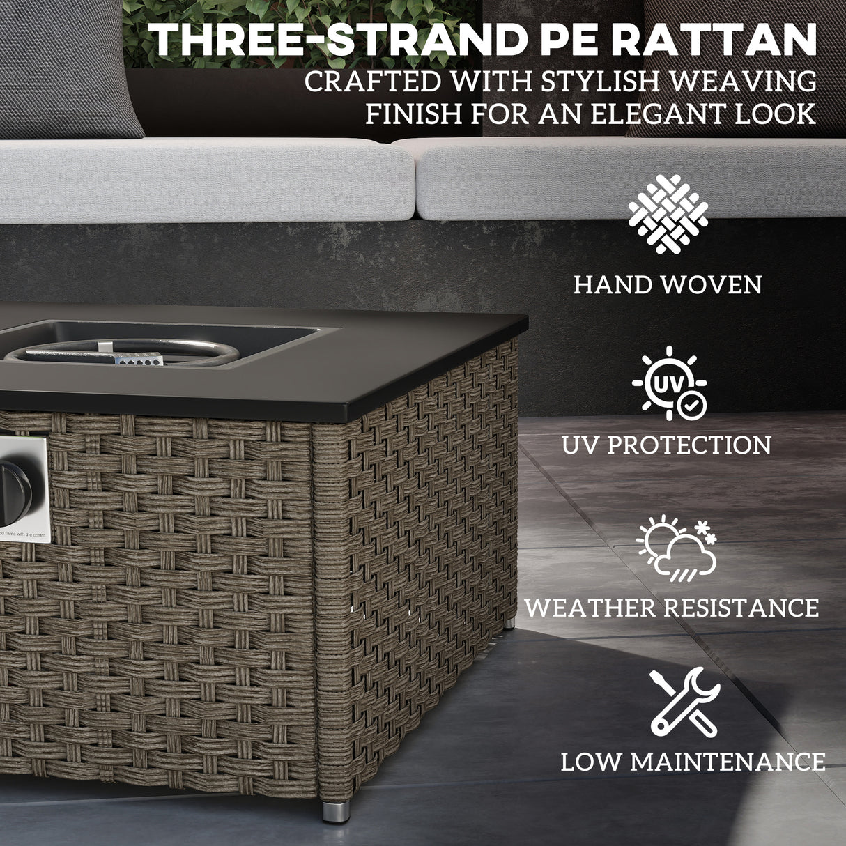 Poly Rattan 13 KW Smokeless Propane Gas Square Garden Fire Pit With Lid - Velmora
