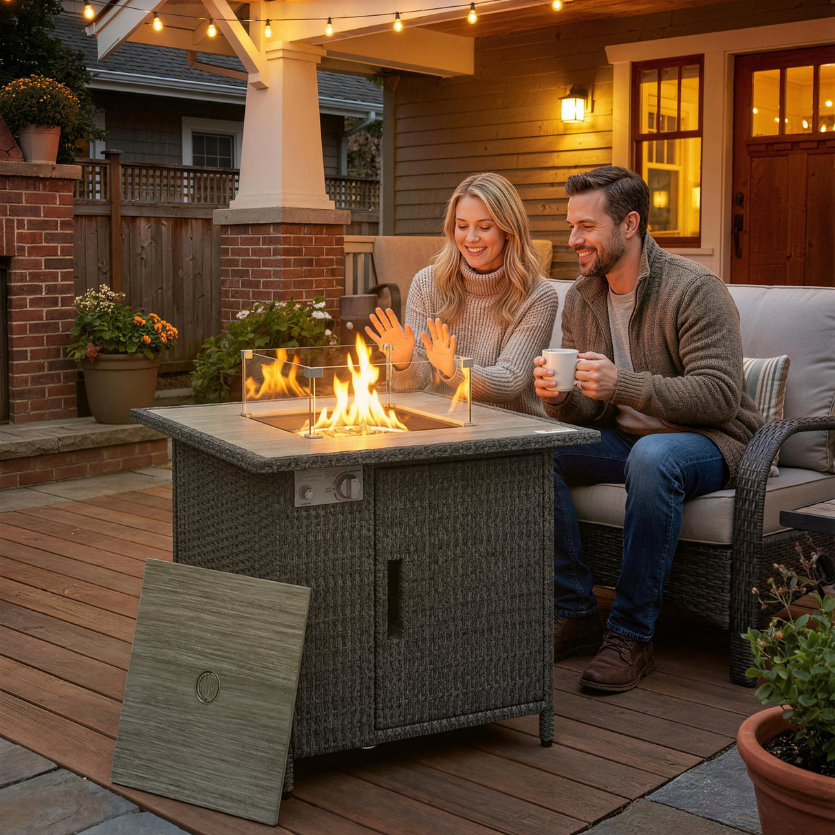 Poly Rattan 14.5 KW Gas Fire Pit Table With Rain Cover - Velmora