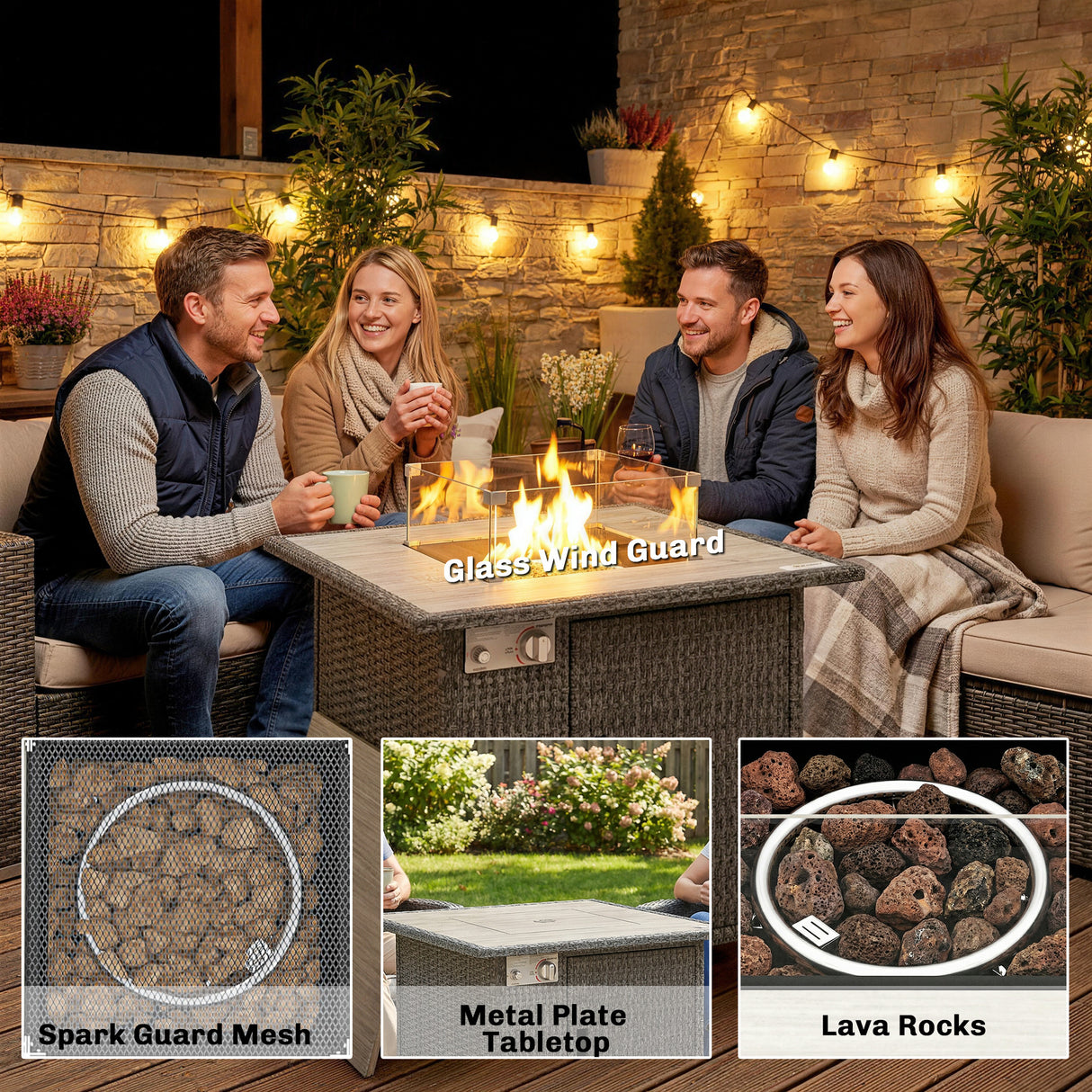 Poly Rattan 14.5 KW Gas Fire Pit Table With Rain Cover - Velmora