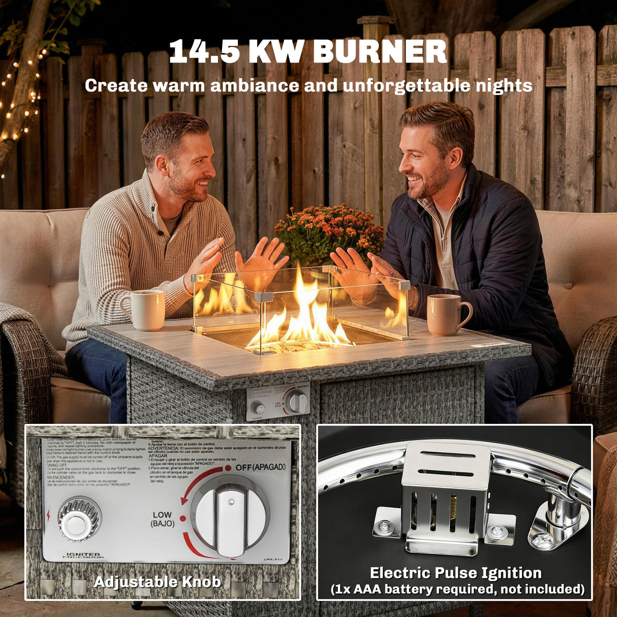Poly Rattan 14.5 KW Gas Fire Pit Table With Rain Cover - Velmora