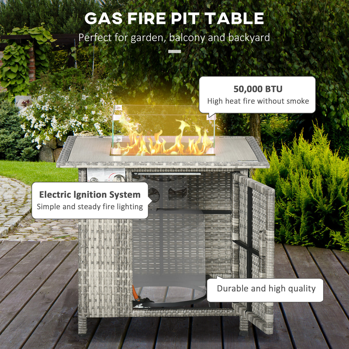 Poly Rattan 14.5 KW Gas Fire Pit Table With Rain Cover - Velmora