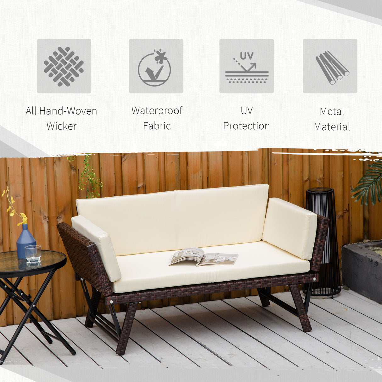 Poly Rattan 2-in-1 Convertible 2-Seater Garden Sofa Daybed - Velmora