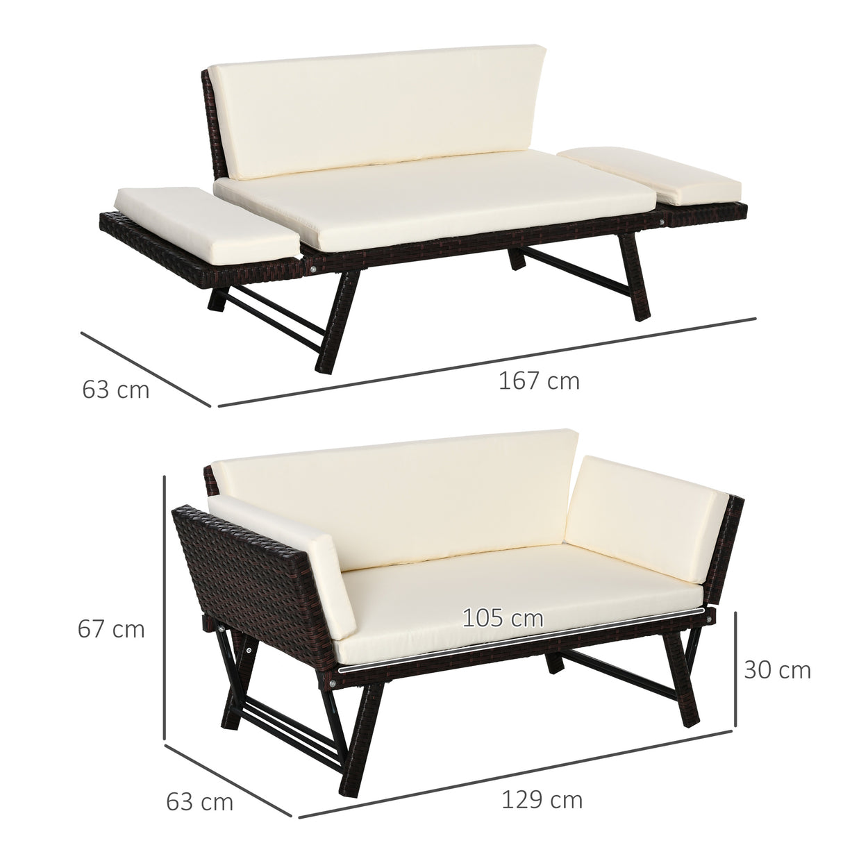 Poly Rattan 2-in-1 Convertible 2-Seater Garden Sofa Daybed - Velmora