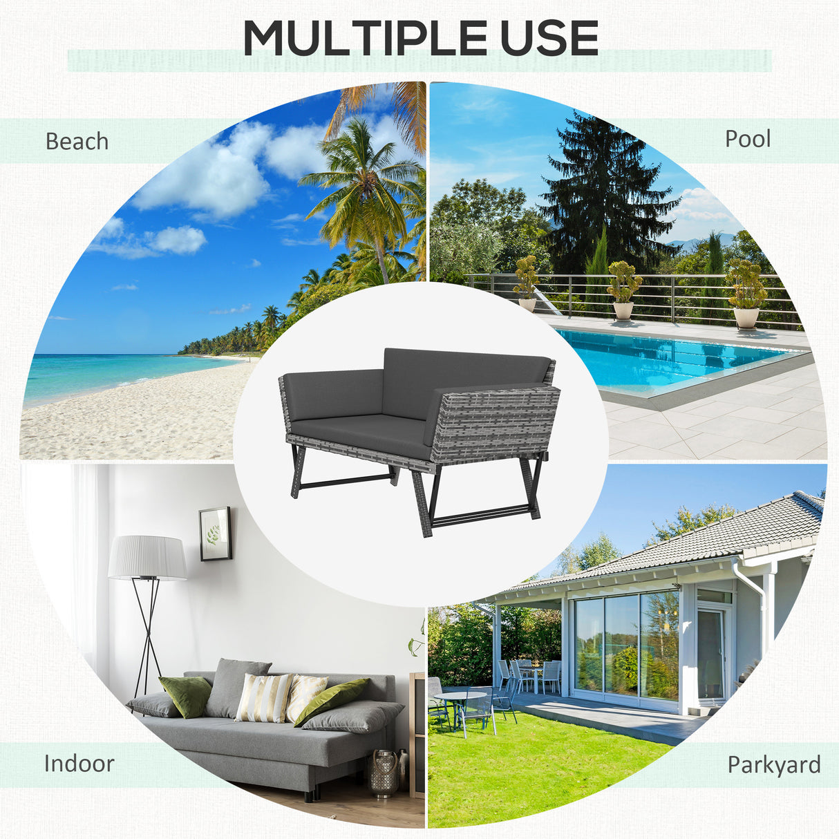 Poly Rattan 2-in-1 Convertible 2-Seater Garden Sofa Daybed - Velmora