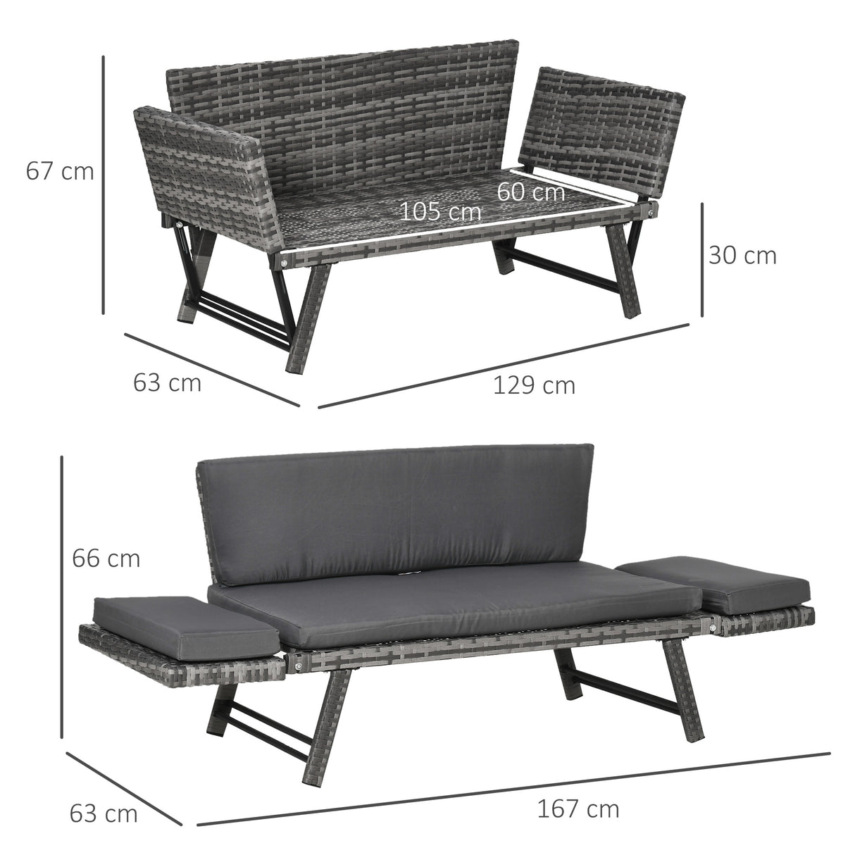 Poly Rattan 2-in-1 Convertible 2-Seater Garden Sofa Daybed - Velmora