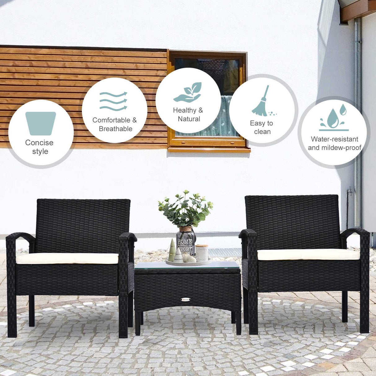 Poly Rattan 2 Seater Garden Armchair in Set of 2 and Glass Top Table - Velmora