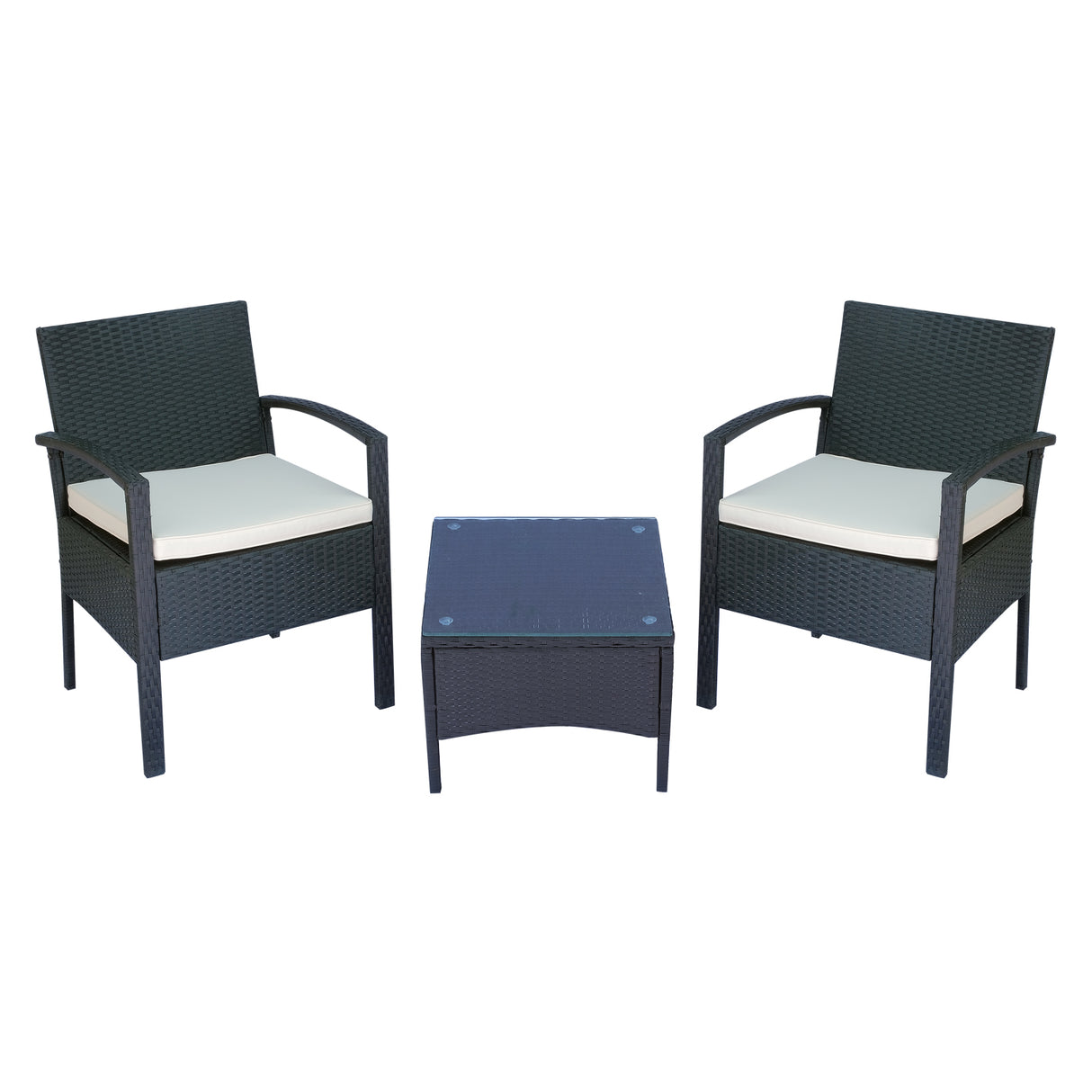 Poly Rattan 2 Seater Garden Armchair in Set of 2 and Glass Top Table - Velmora