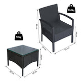 Poly Rattan 2 Seater Garden Armchair in Set of 2 and Glass Top Table - Velmora