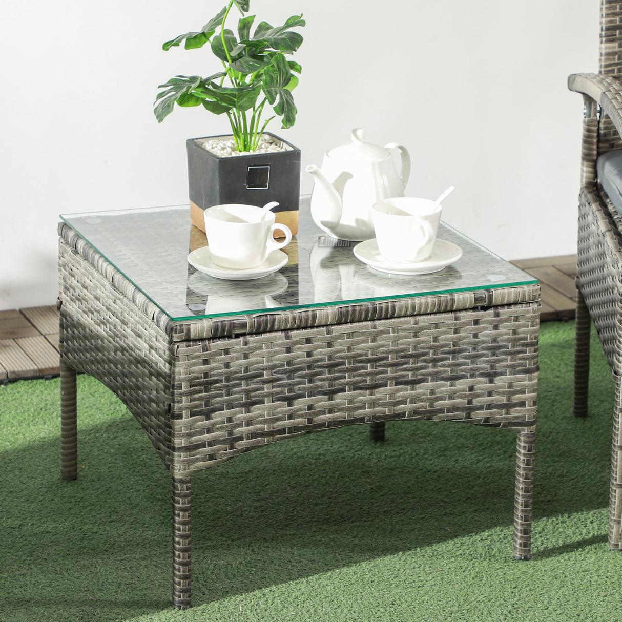 Poly Rattan 2 Seater Garden Armchair in Set of 2 and Glass Top Table - Velmora