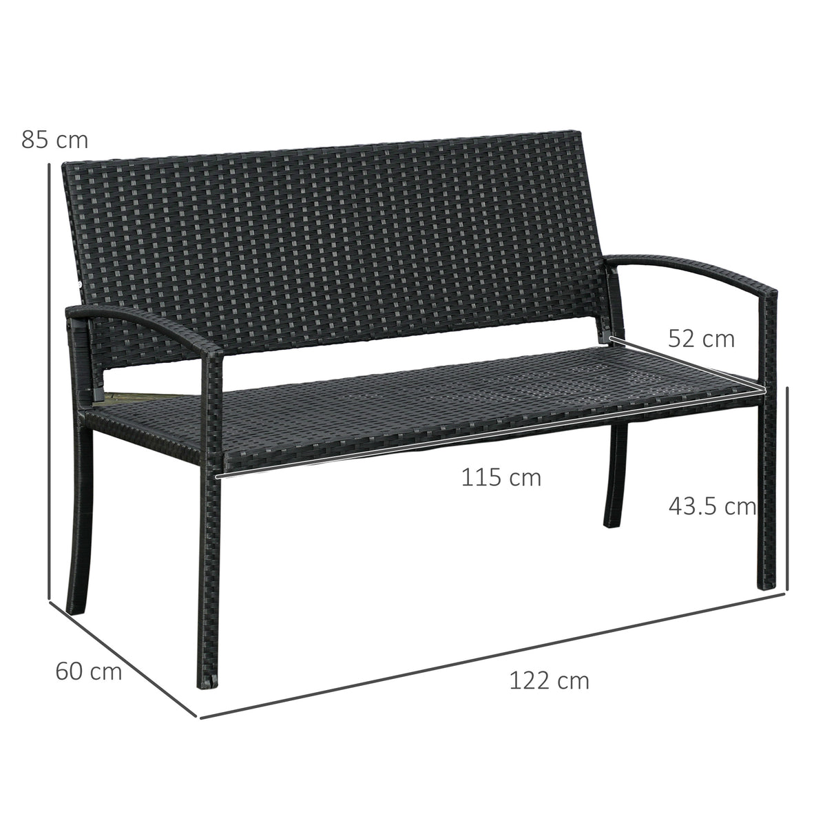 Poly Rattan 2 Seater Garden Bench With Backrest and Armrests for Patio - Velmora