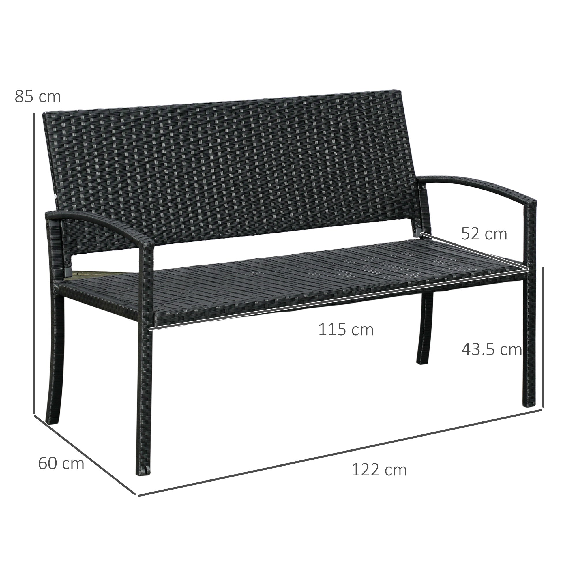 Poly Rattan 2 Seater Garden Bench With Backrest and Armrests for Patio - Velmora