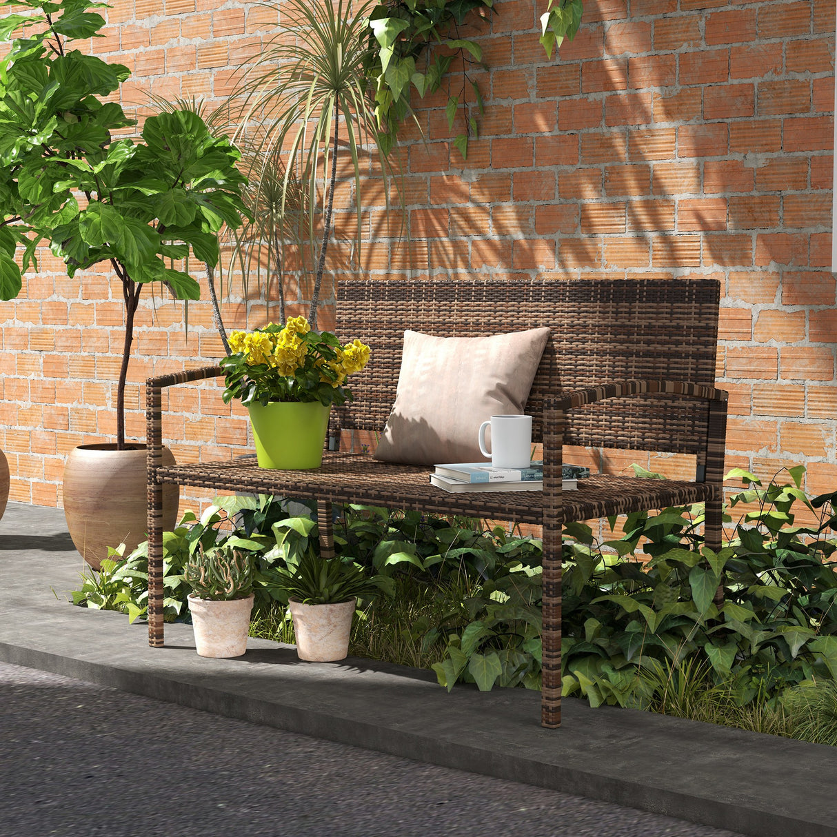 Poly Rattan 2 Seater Garden Bench With Backrest and Armrests for Patio - Velmora