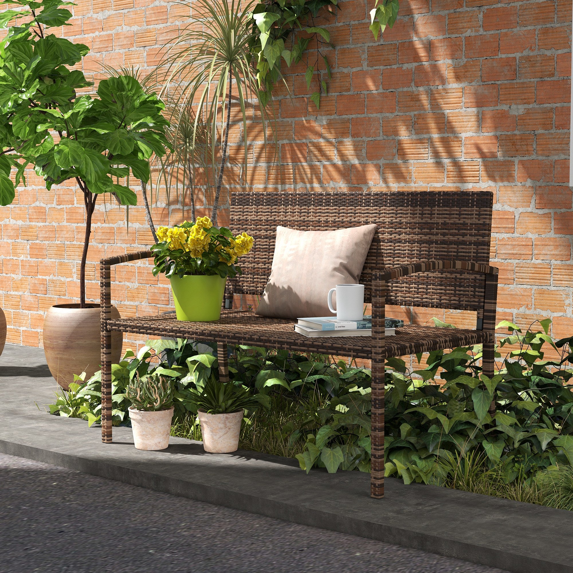 Poly Rattan 2 Seater Garden Bench With Backrest and Armrests for Patio - Velmora