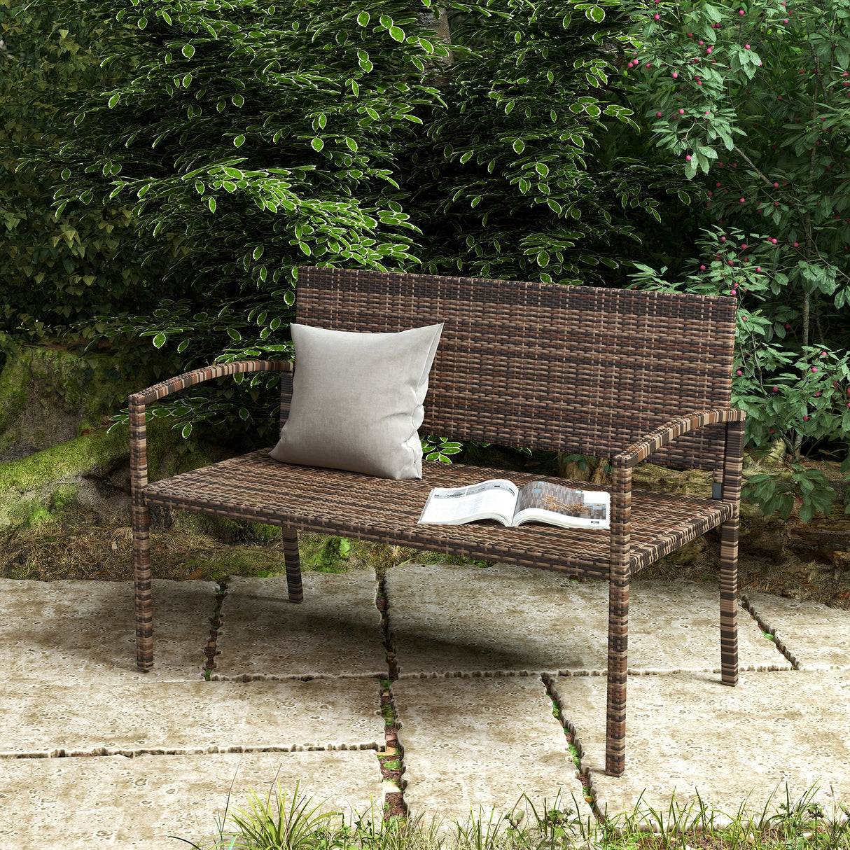 Poly Rattan 2 Seater Garden Bench With Backrest and Armrests for Patio - Velmora
