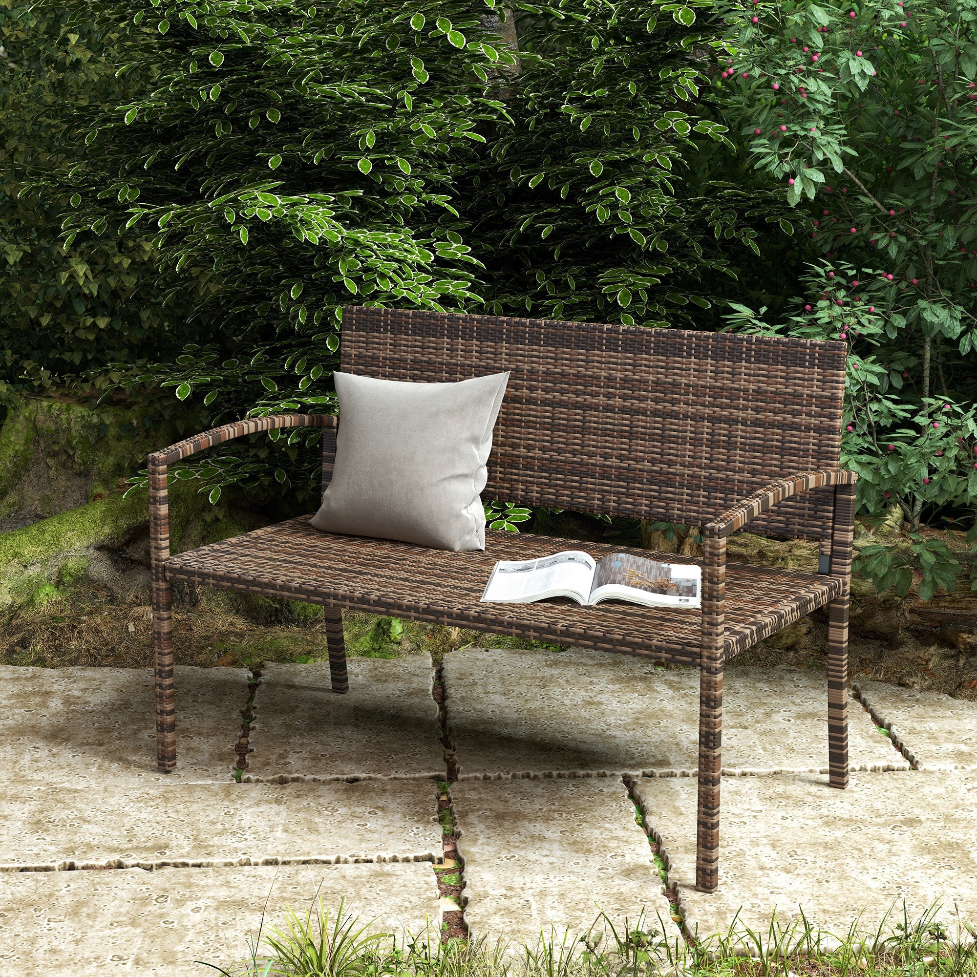 Poly Rattan 2 Seater Garden Bench With Backrest and Armrests for Patio - Velmora
