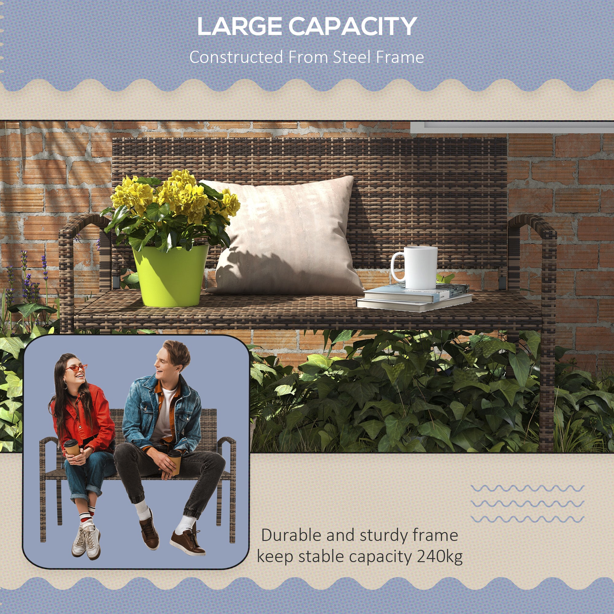 Poly Rattan 2 Seater Garden Bench With Backrest and Armrests for Patio - Velmora