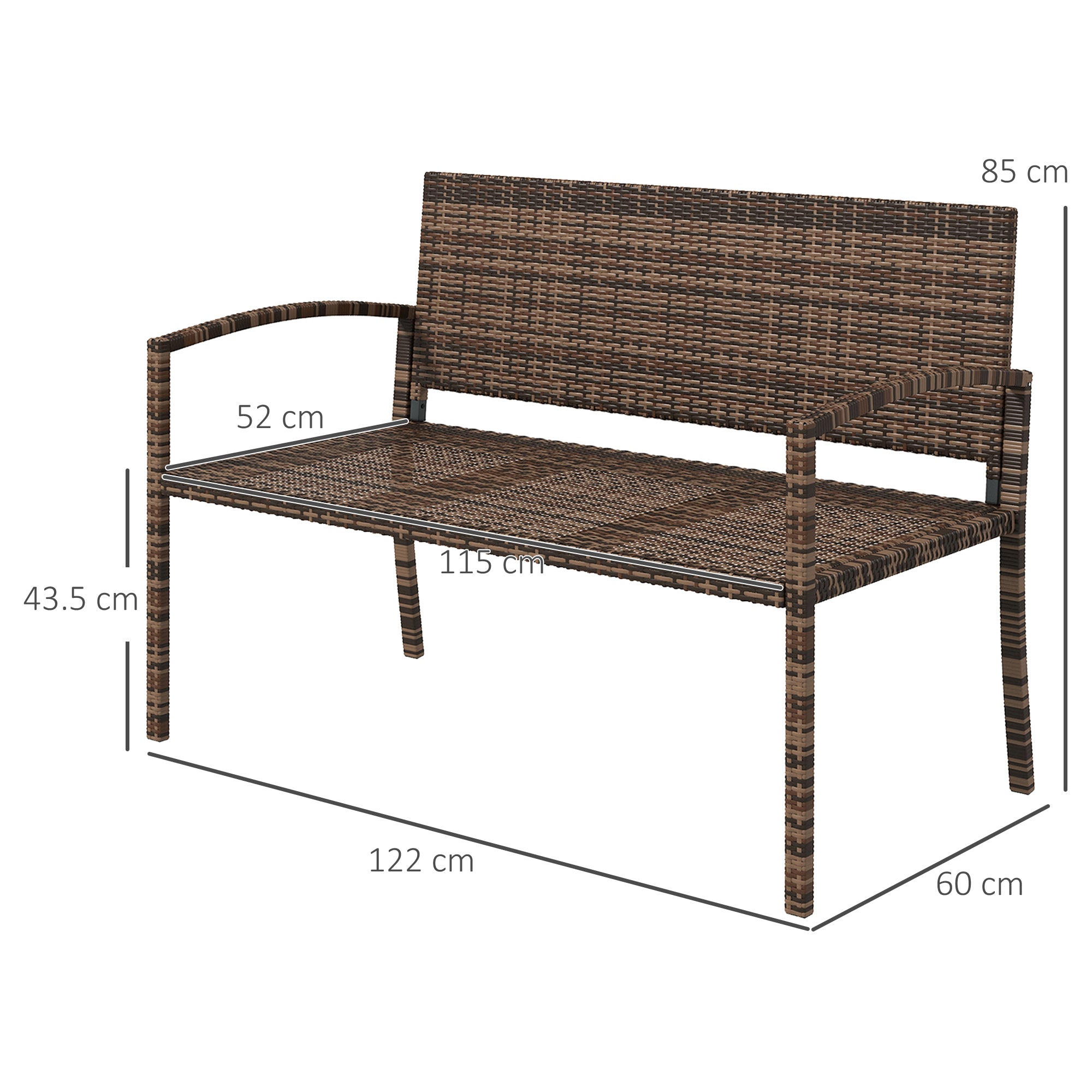 Poly Rattan 2 Seater Garden Bench With Backrest and Armrests for Patio - Velmora