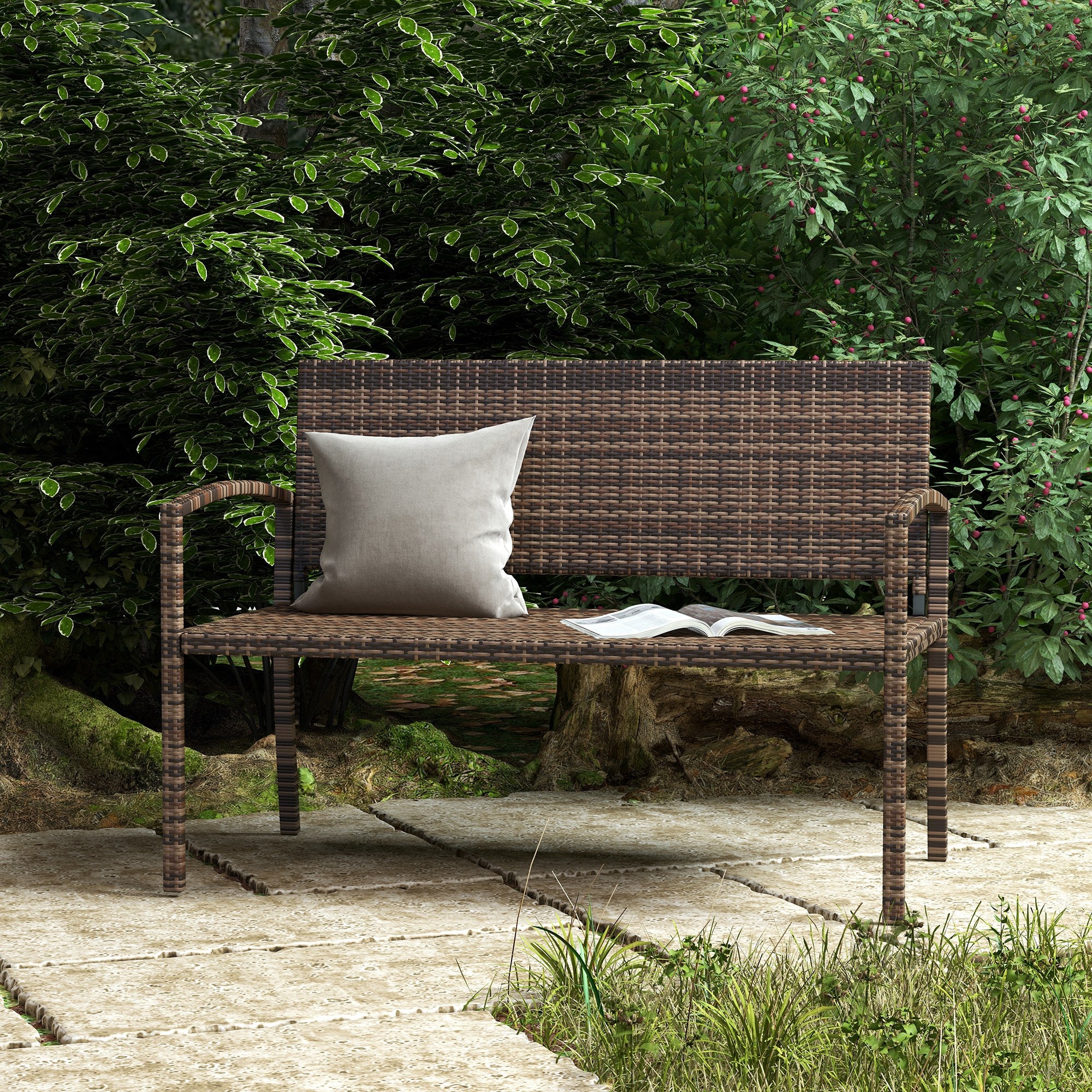 Poly Rattan 2 Seater Garden Bench With Backrest and Armrests for Patio - Velmora