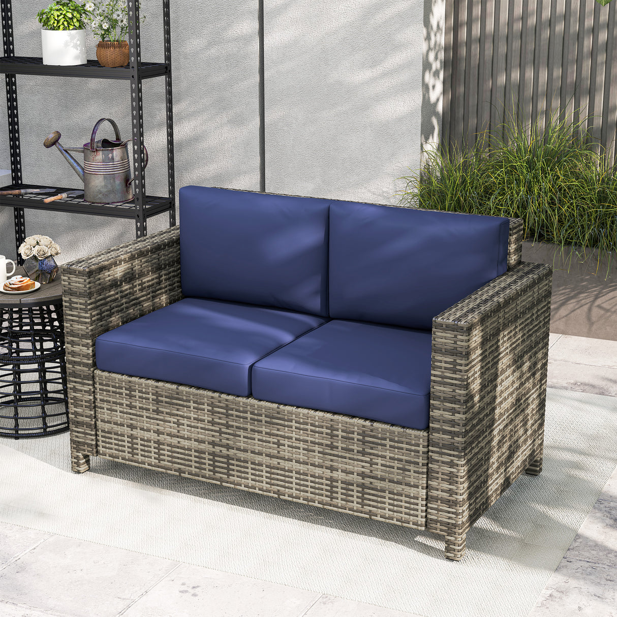 Poly Rattan 2 Seater Garden Sofa With Cushions and Armrests - Velmora