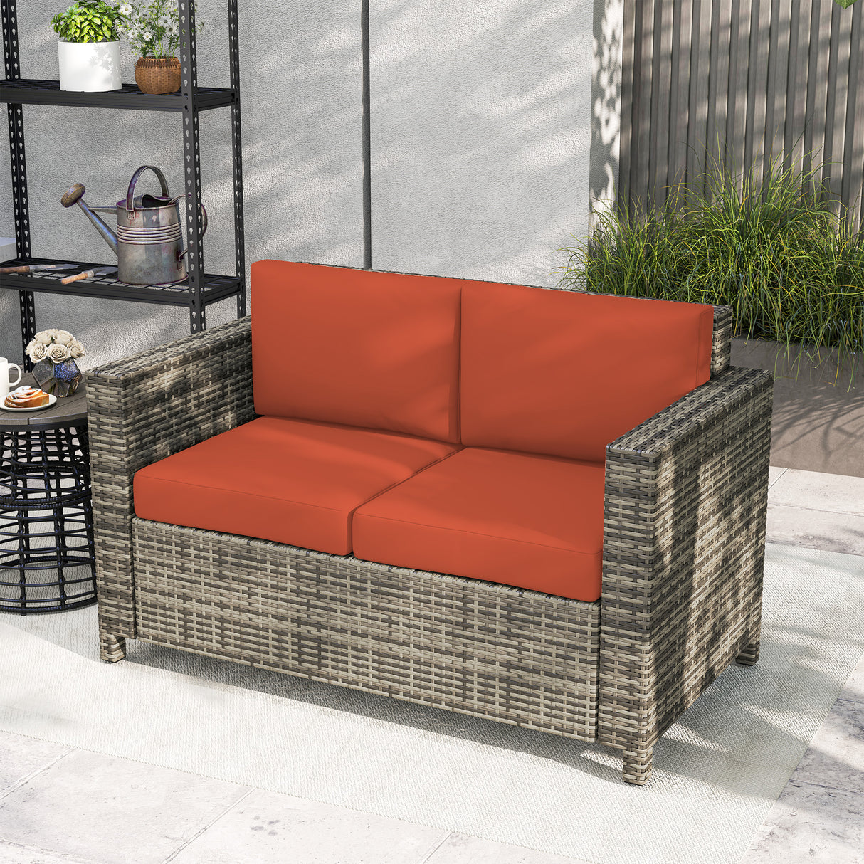 Poly Rattan 2 Seater Garden Sofa With Cushions and Armrests - Velmora