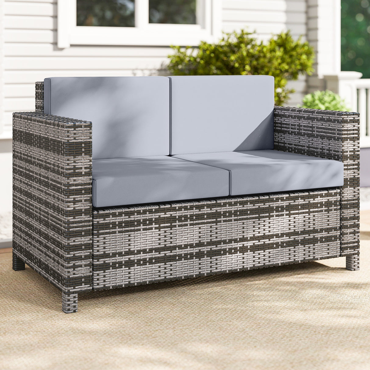 Poly Rattan 2 Seater Garden Sofa With Cushions and Armrests - Velmora