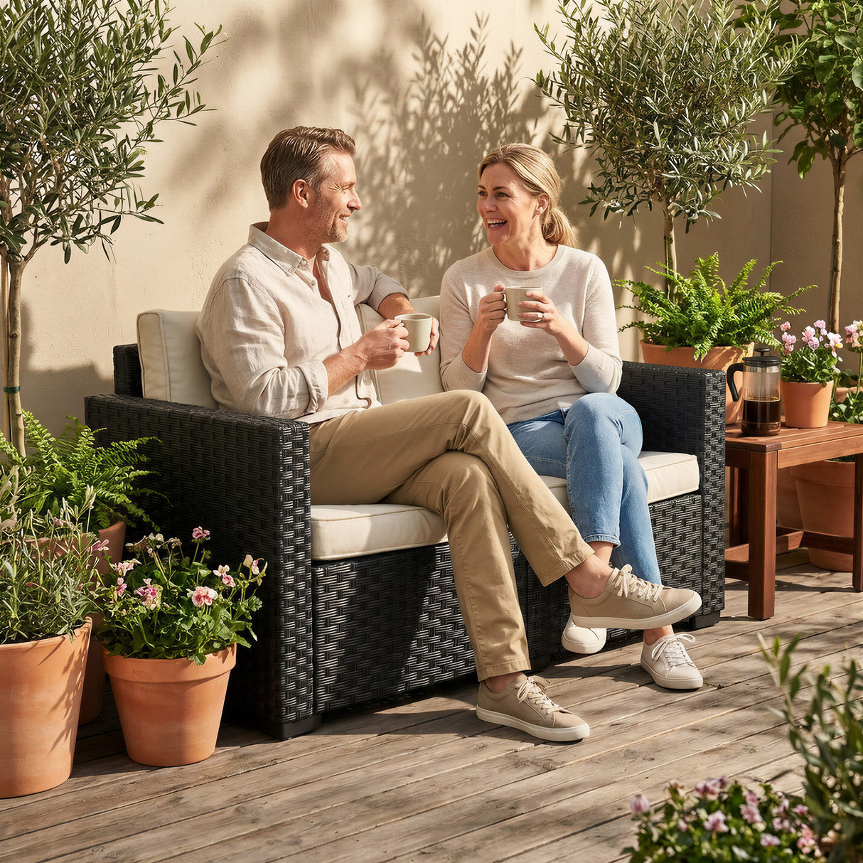 Poly Rattan 2 Seater Garden Sofa With Deep Seat And Wide Armrests - Velmora