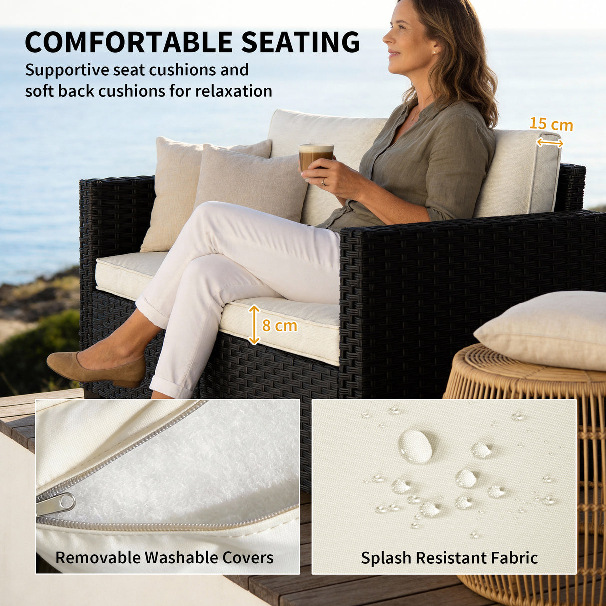 Poly Rattan 2 Seater Garden Sofa With Deep Seat And Wide Armrests - Velmora