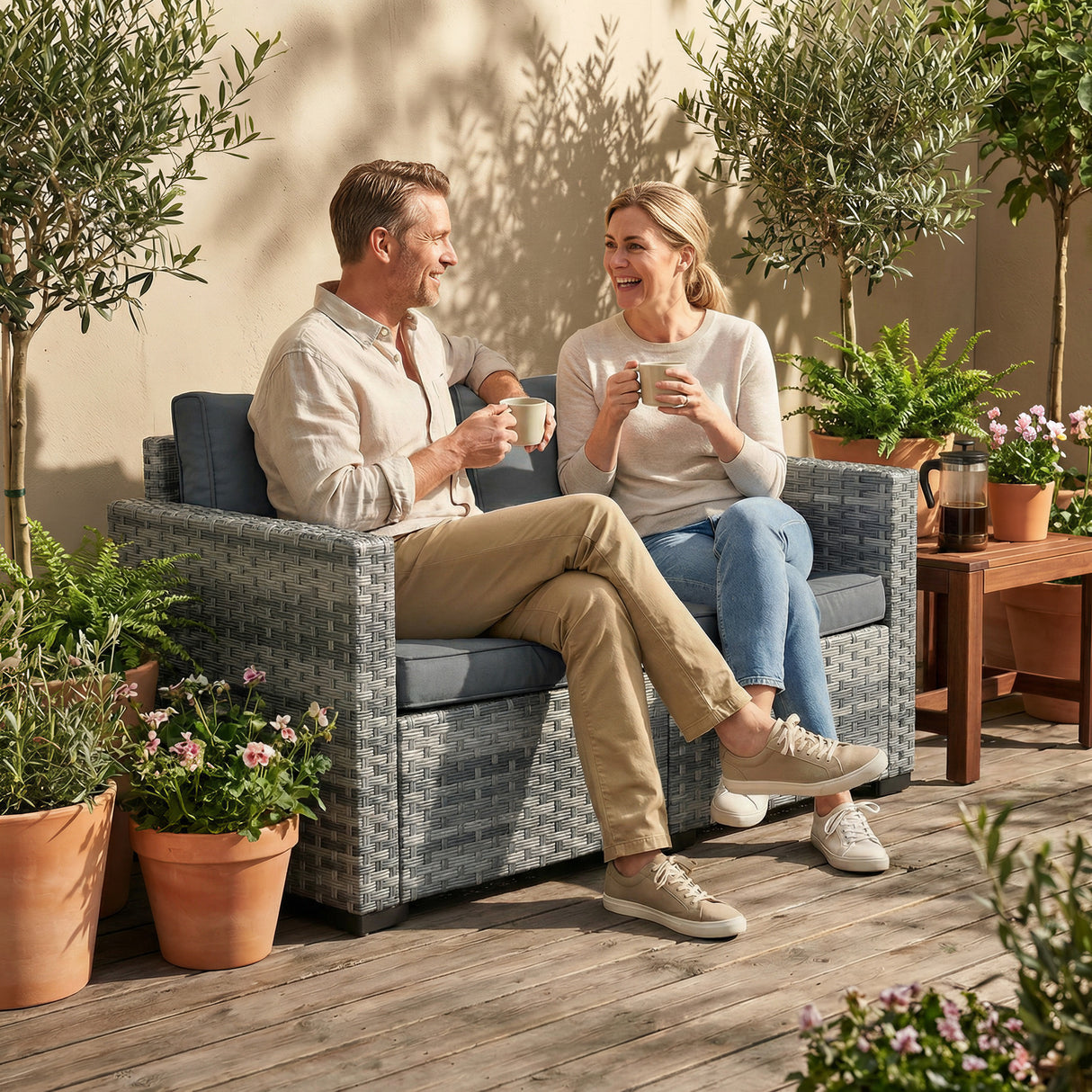 Poly Rattan 2 Seater Garden Sofa With Deep Seat And Wide Armrests - Velmora