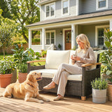 Poly Rattan 2 Seater Garden Sofa With Thickened Cushions and Wooden Armrests - Velmora