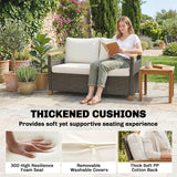 Poly Rattan 2 Seater Garden Sofa With Thickened Cushions and Wooden Armrests - Velmora