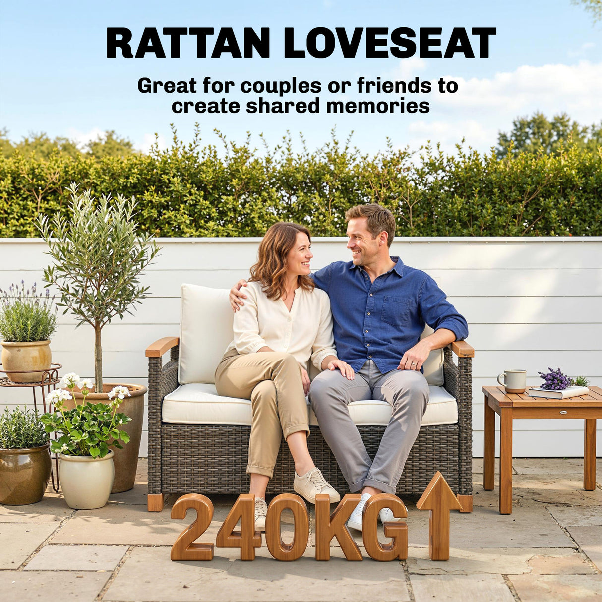 Poly Rattan 2 Seater Garden Sofa With Thickened Cushions and Wooden Armrests - Velmora