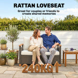 Poly Rattan 2 Seater Garden Sofa With Thickened Cushions and Wooden Armrests - Velmora