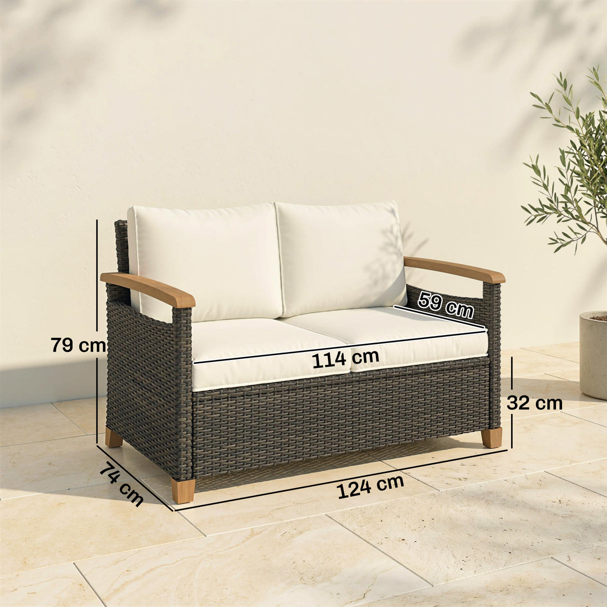 Poly Rattan 2 Seater Garden Sofa With Thickened Cushions and Wooden Armrests - Velmora