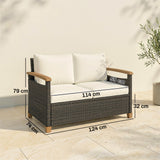 Poly Rattan 2 Seater Garden Sofa With Thickened Cushions and Wooden Armrests - Velmora