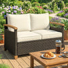 Poly Rattan 2 Seater Garden Sofa With Thickened Cushions and Wooden Armrests - Velmora