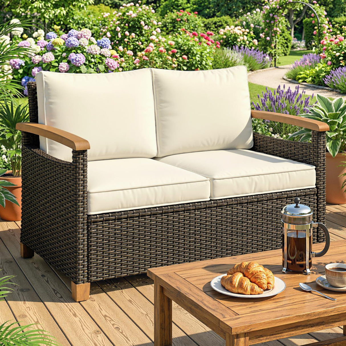 Poly Rattan 2 Seater Garden Sofa With Thickened Cushions and Wooden Armrests - Velmora