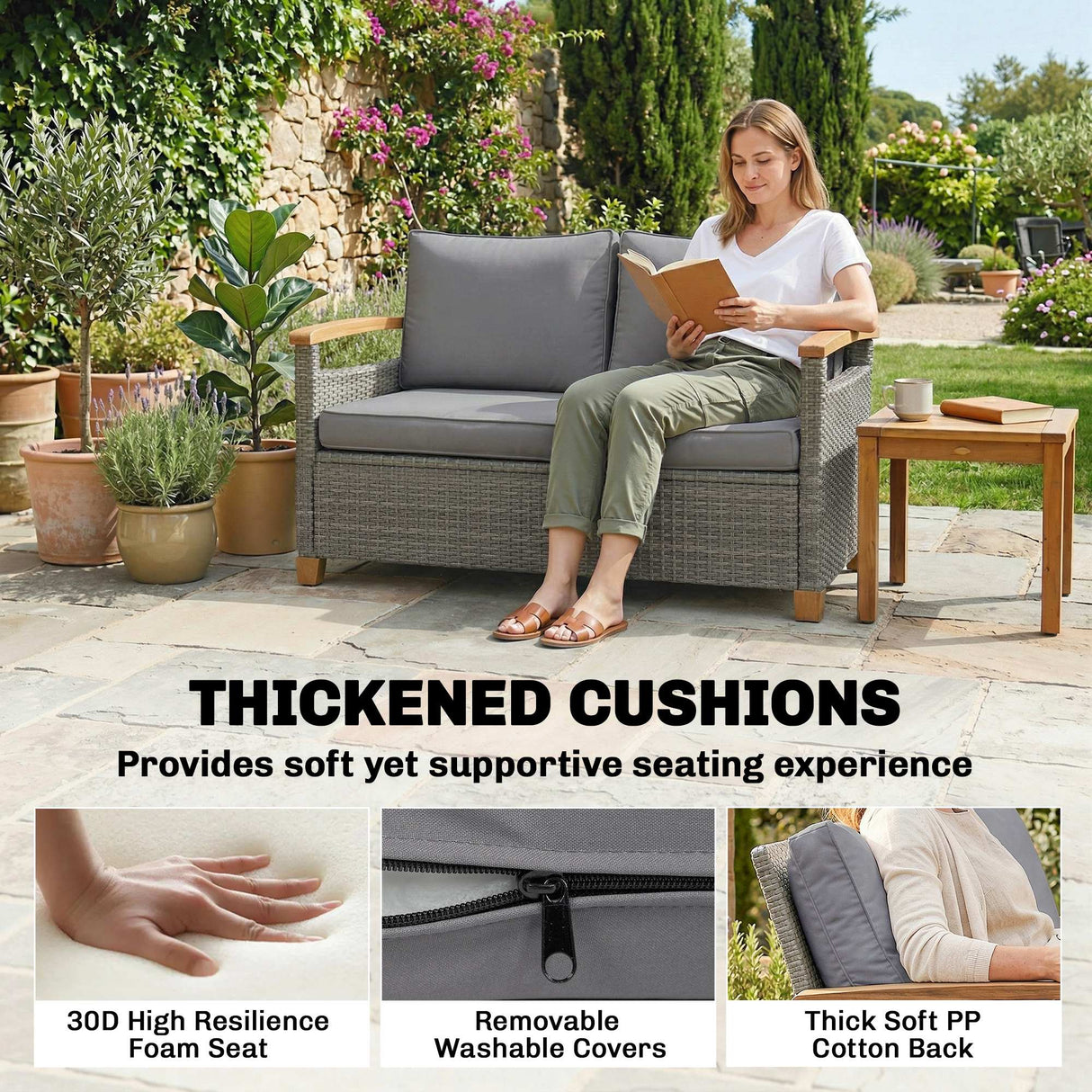 Poly Rattan 2 Seater Garden Sofa With Thickened Cushions and Wooden Armrests - Velmora