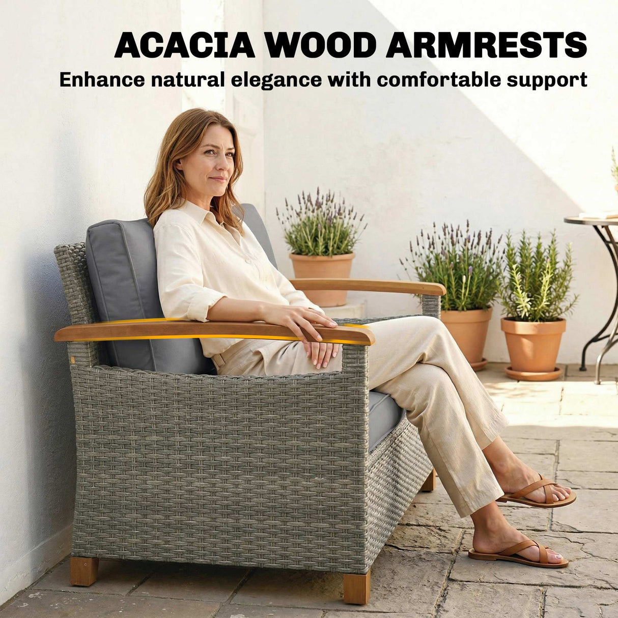Poly Rattan 2 Seater Garden Sofa With Thickened Cushions and Wooden Armrests - Velmora